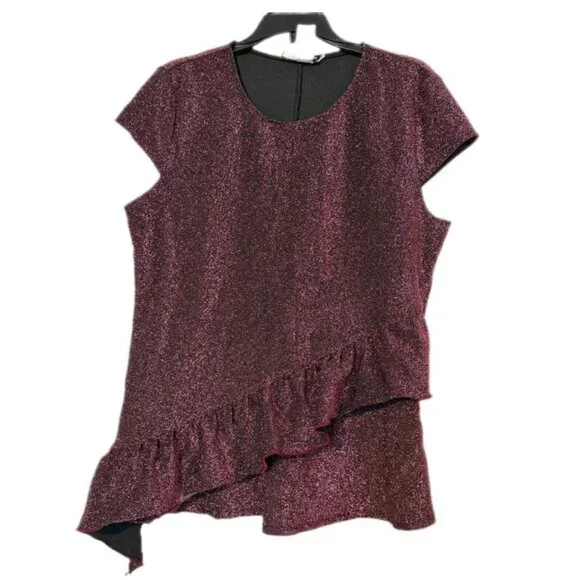 💥🚀💥Parallel Metallic Shimmer Blouse Size S Asymmetrical Ruffle Party Burgundy - Picture 3 of 5
